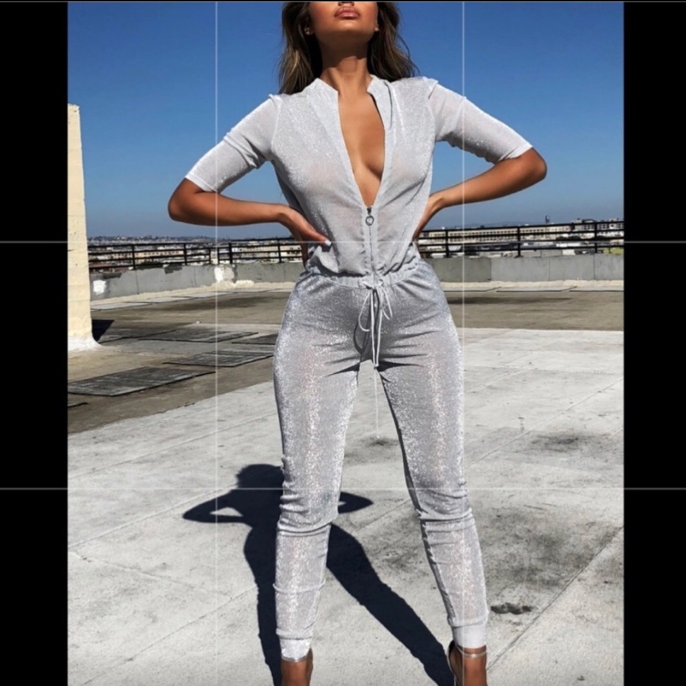 Oh Polly Metallic Silver Knit Jumpsuit UK10 US6